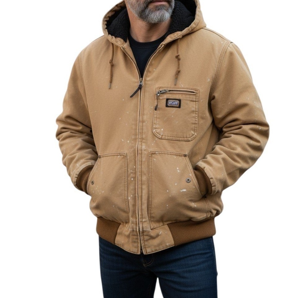 Big Smith Mens 2XL Distressed Tan Hooded Fleece Lined Workwear Zip Up Jacket